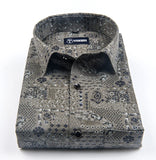 Star Gray with White Blue Mix Print Linen Cotton Shirts for Men