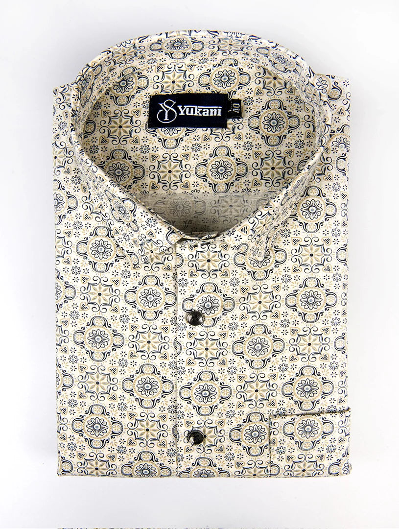 Cream Digital Print Cotton Shirts for Men