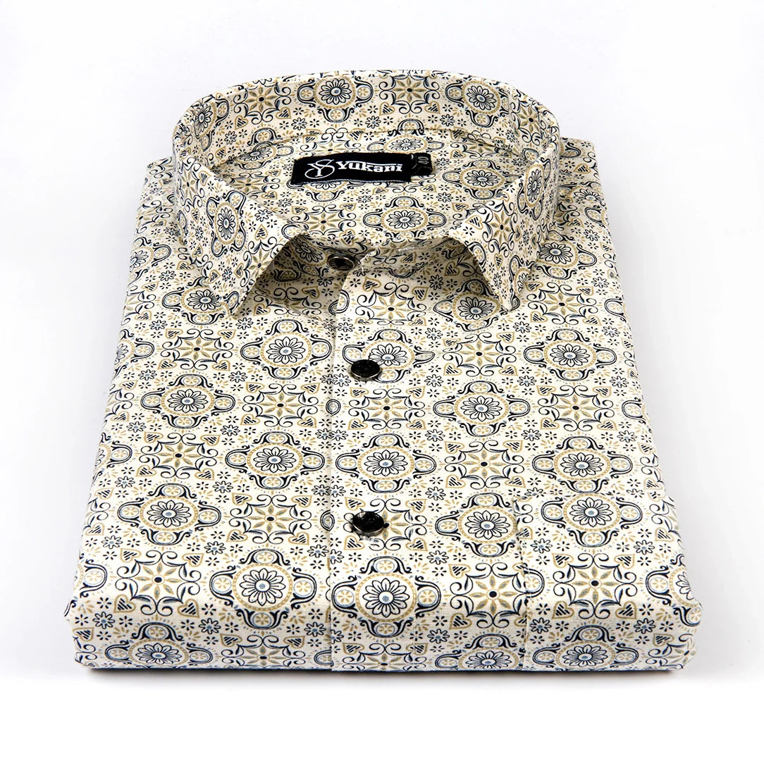 Cream Digital Print Cotton Shirts for Men