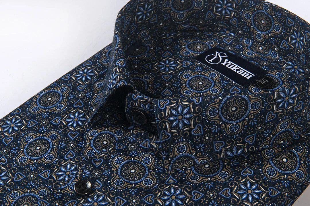 Navy Blue Digital Print Cotton Shirts for Men