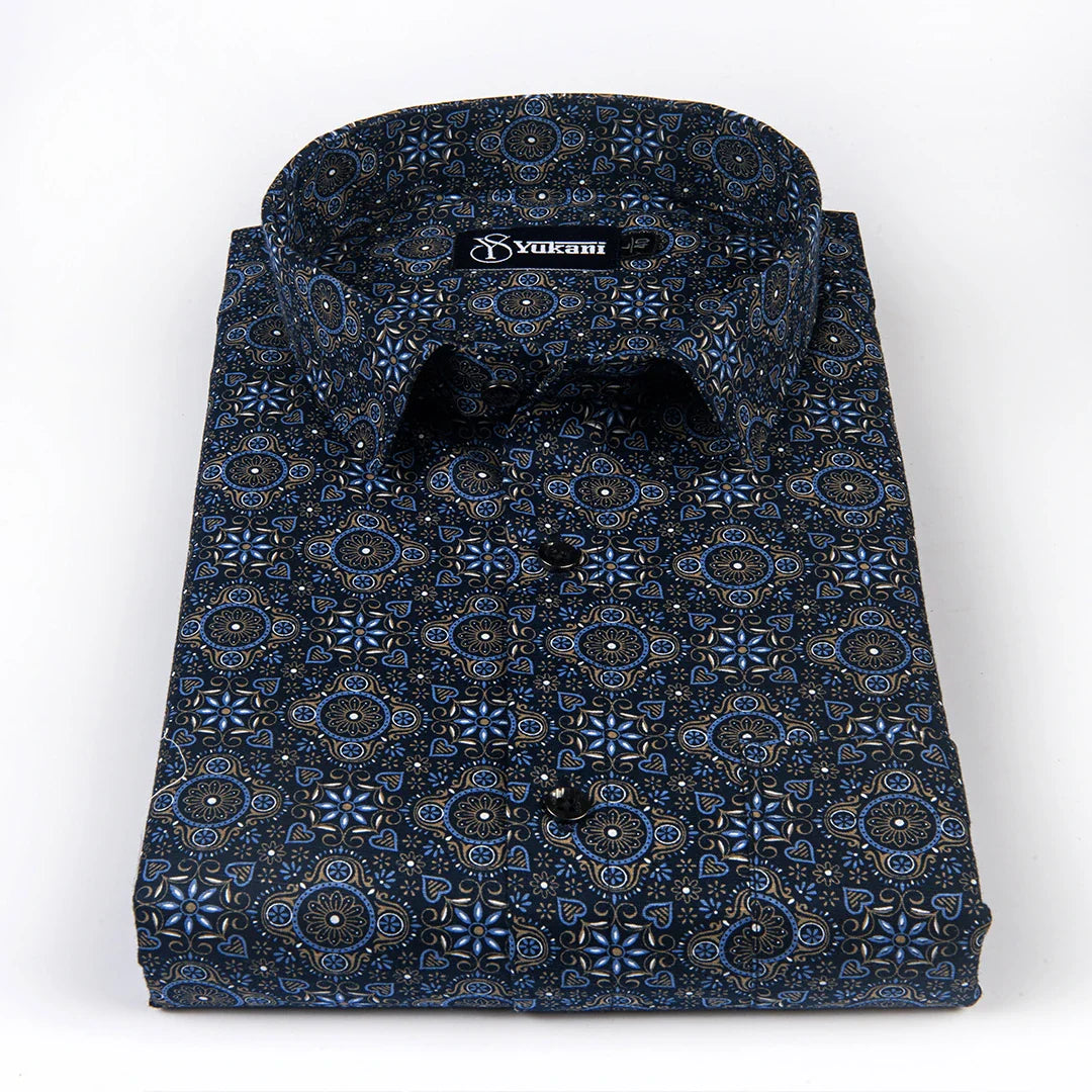 Navy Blue Digital Print Cotton Shirts for Men