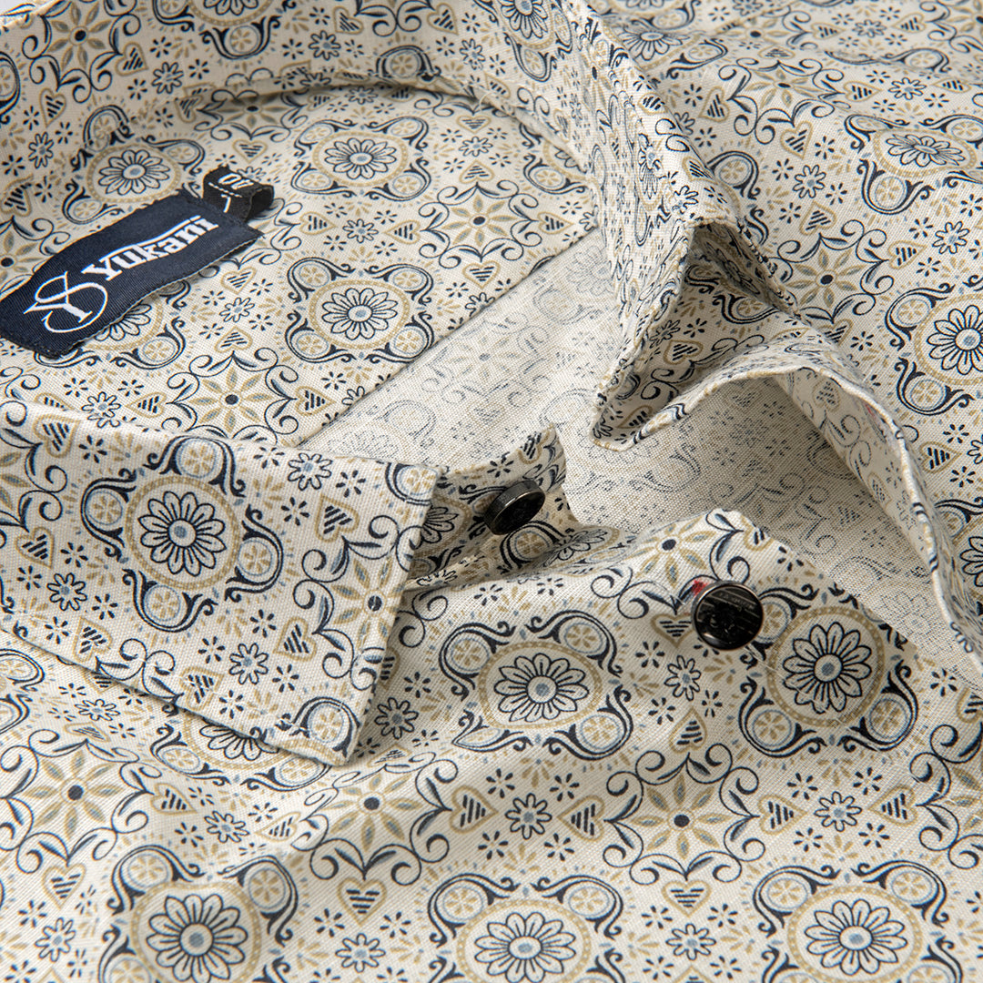 Cream Digital Print Cotton Shirts for Men