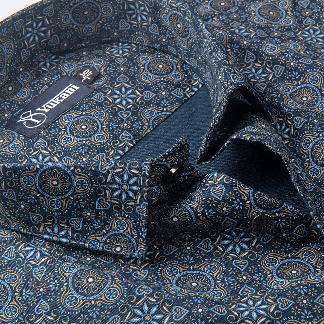 Navy Blue Digital Print Cotton Shirts for Men