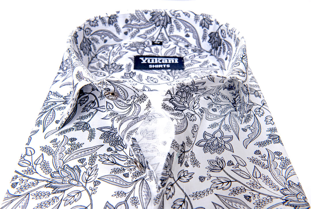 White with grey flower print cotton shirts