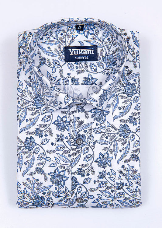 White with blue flower print cotton shirts