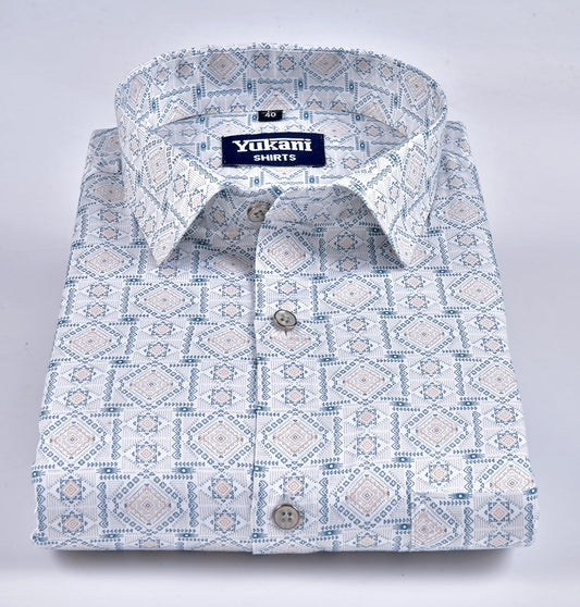 White with blue rectangle print cotton shirts